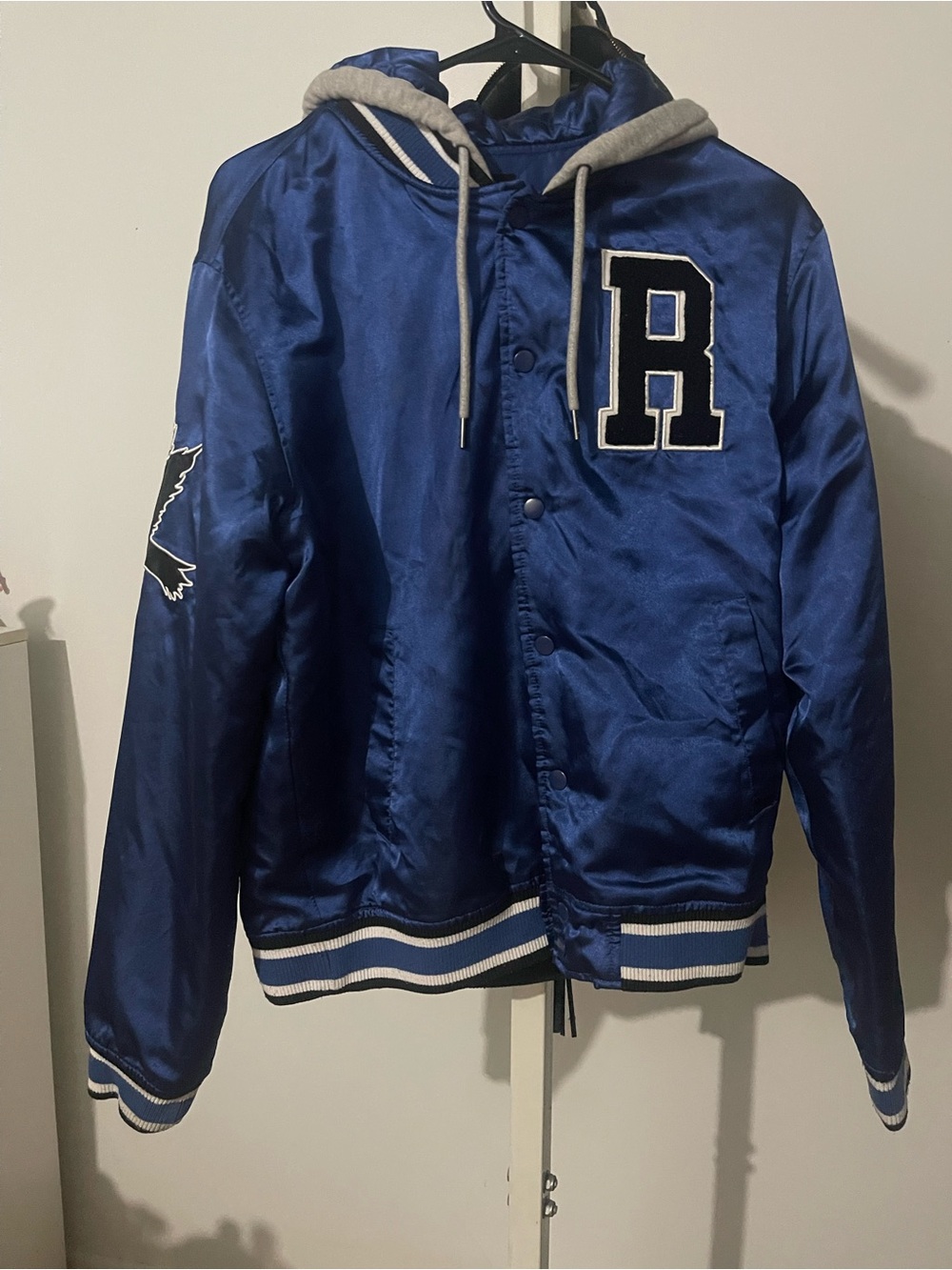 Harry Potter Raven Claw Royal Blue Satin Hooded Varsity Jacket